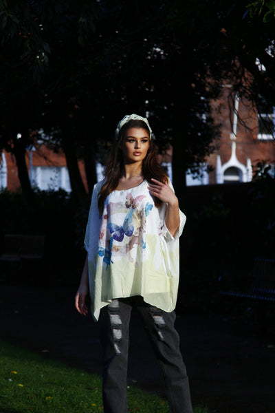 Water Colour Butterfly Print Diamante Silky Feel Top