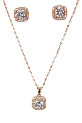 Square Cubic Zirconia Necklace & Earring Sets in rose gold