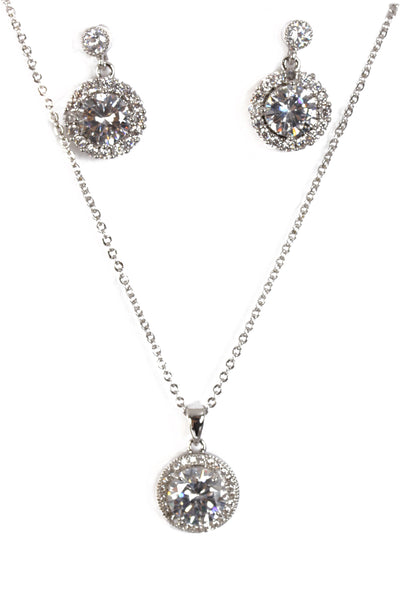 Round Cubic Zirconia Necklace & Earring Sets in Silver