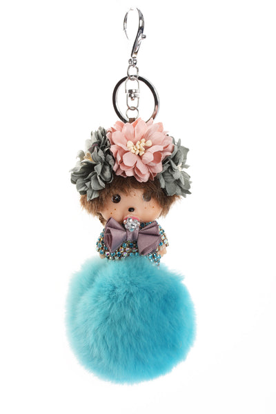 Monchichi Crystal Doll Rhinestones Pom Pom Keychain Diamante Keyring