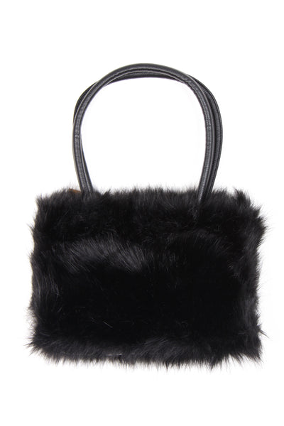 Faux Fur Zip Shoulder Handbag with Leather Strap in black