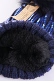 Sparkly Sequins FAUX Fur Bobble Pom Pom Beanie Hat