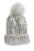Sparkly Sequins FAUX Fur Bobble Pom Pom Beanie Hat in white
