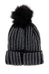 FAUX Fur Bobble Pom Pom Beanie Hat with Rhinestones Gem in blk/silver