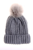 FAUX Fur Bobble Pom Pom Beanie Hat with Rhinestones Gem in silver grey