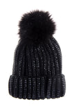 FAUX Fur Bobble Pom Pom Beanie Hat with Rhinestones Gem in black