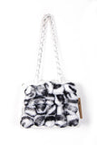 Fluffy Faux Fur Pom Pom Chain Shoulder Handbag in white/black