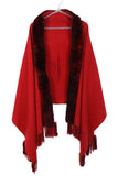 Fur Cashmere & Wool Shawl Wrap in red
