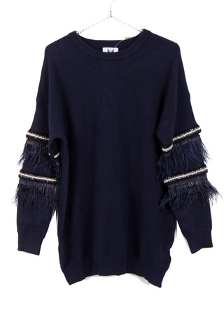 Soft Knit Jumper with Beaded and Feather detail Sleeve in navy