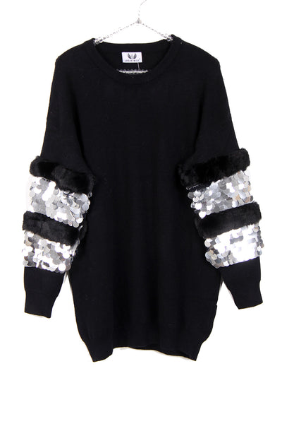 Knitted Jumper With Sequin and Faux fur Trim Sleevein black