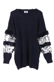 Knitted Jumper With Sequin and Faux fur Trim Sleevein navy