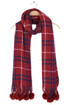 Check Tartan Scarf with Faux Fur Pom Pom in burgundy