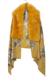 Cashmere Feels Faux Fur Fringe Shawl/Scarf with Floral Print in yellow