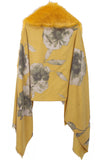 Cashmere Feels Faux Fur Collar Fringe Shawl/Scarf with Floral Print