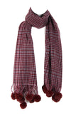 Tartan Print Woolly Scarf with Faux Fur Pom Pom in burgundy