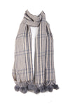 Tartan Print Woolly Scarf with Faux Fur Pom Pom in grey