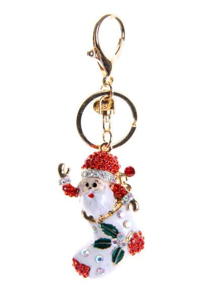 Christmas Santa in Stocking Diamante Bag Charm Keyring