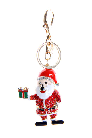 Santa with Present Diamante Bag Charm Keyring in gold