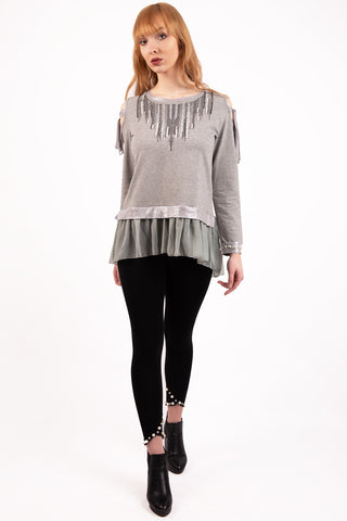 Cold Shoulder Pearl And Diamante Embellished Top with Frills