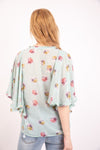 Mint Green Vintage Floral Print Batwing Frill Top