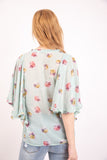 Mint Green Vintage Floral Print Batwing Frill Top