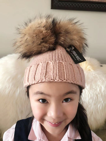 Blush Pink Kid Detachable Double Fur Pom Pom Beanie Hat