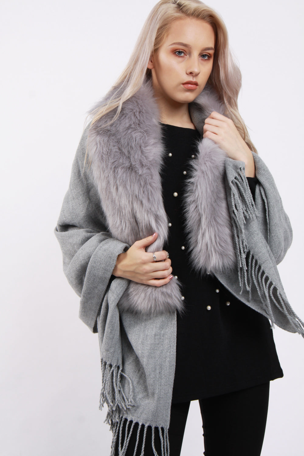 Grey shawl faux fur collar coat on sale
