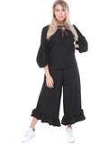 Ribbed Knit Puffer Sleeve Jumper and Wide Leg Ruffle Culotte Trouser Co-Ord Set