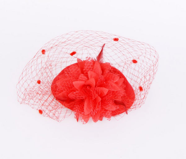 Flower Mesh Net Fascinator in Red