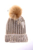 Sparkly Sequins FAUX Fur Bobble Pom Pom Beanie Hat in beige