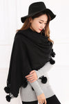 Plain Wool Mix Fringe Fur Pom Pom Scarf/Shawl