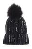 Sparkly Sequins FAUX Fur Bobble Pom Pom Beanie Hat in black