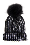 Sparkly Sequins FAUX Fur Bobble Pom Pom Beanie Hat in black/silver