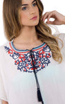 Floral Embroidered Loose Kaftan Top With Tie Front