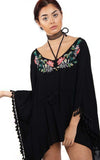Floral Embroidery Belt Tassel Trim Kaftan Top in black