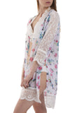 Floral Print Longline Kimono With Lace Trim And Side Splits