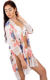 Rose Print Longline Kimono With Lace Trim And Side Split