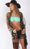 Small Flower Embroidered Sheer Tassel Holiday Festival Kimono