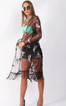 Pastel Colour Bird Embroidered Tassel Trim Sheer Kimono Jacket