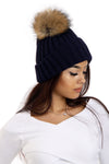 Detachable Real Fur Bobble Pom Pom Hat in navy