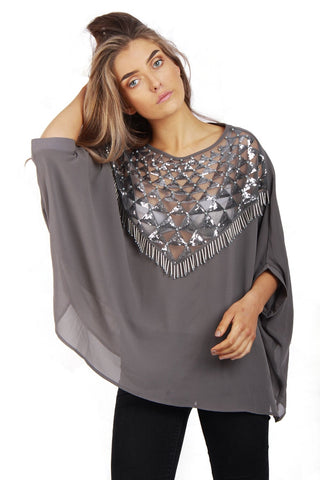 Oversized Sequin Beaded Embellished Chiffon Top