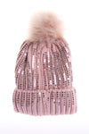 Sparkly Sequins FAUX Fur Bobble Pom Pom Beanie Hat in pink