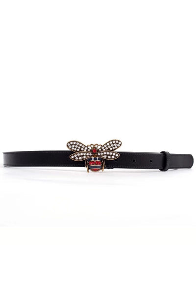 Designer Bee Pearl Diamante Embellished Buckle Faux Leather Belt