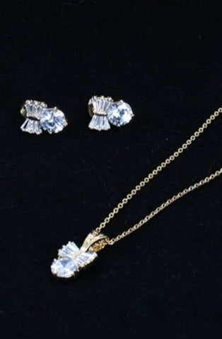 Bow Cubic Zirconia Nickel Free Earring & Necklace Sets