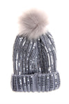Sparkly Sequins FAUX Fur Bobble Pom Pom Beanie Hat in silver grey