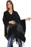 Black and Grey Check Tassel Blanket Reversible Poncho