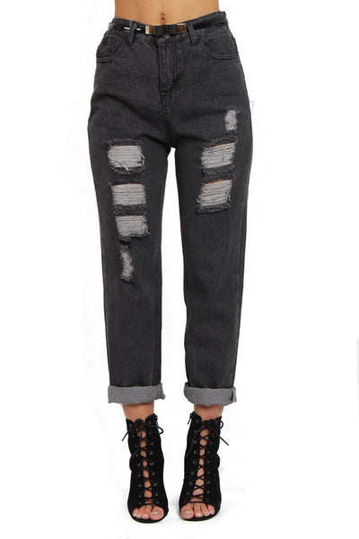 Black High Waisted Ripped Tapered Skinny Boyfriend Jeans