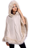 Cable Knitted Hooded Fur Trim Poncho Cape