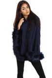 Cable Knitted Hooded Fur Trim Poncho Cape