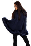 Cable Knitted Hooded Fur Trim Poncho Cape